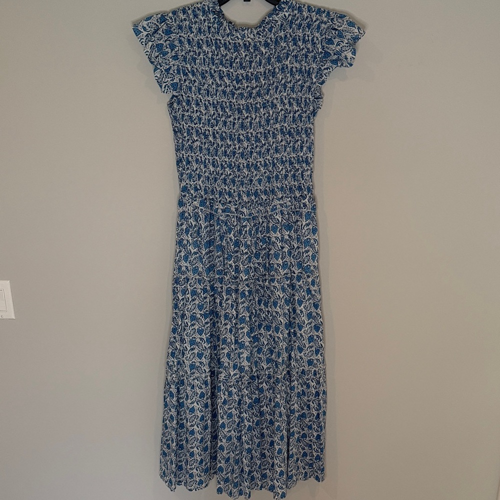 Blue Floral Maxi Dress with Smocked Bodice